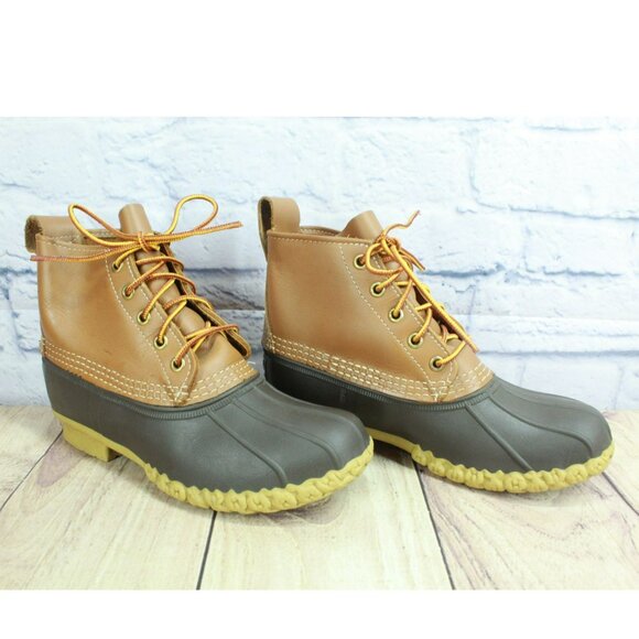 LL Bean Ankle Duck Boots Brown Leather Lace Up Unlined Round Toe Size 6 M - Picture 3 of 10